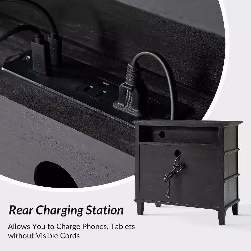 Table d'appoint en bois massif Helena 28W à 3 tiroirs avec station de charge intégrée|HULALA HOME