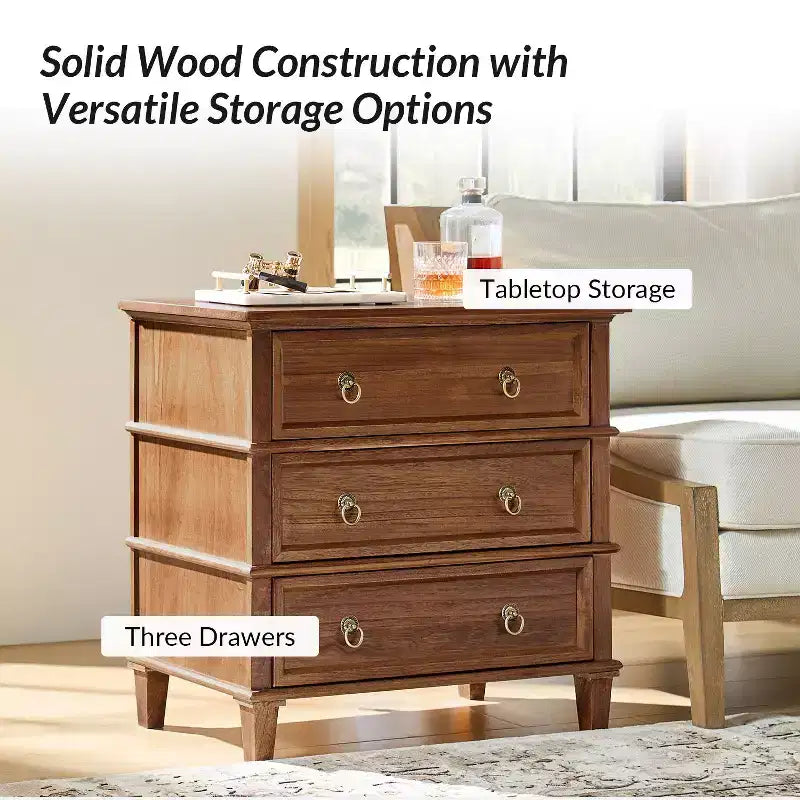 Table d'appoint en bois massif Helena 28W à 3 tiroirs avec station de charge intégrée|HULALA HOME
