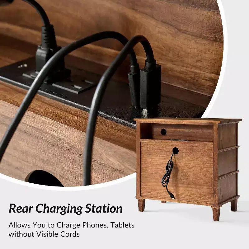 Table d'appoint en bois massif Helena 28W à 3 tiroirs avec station de charge intégrée|HULALA HOME