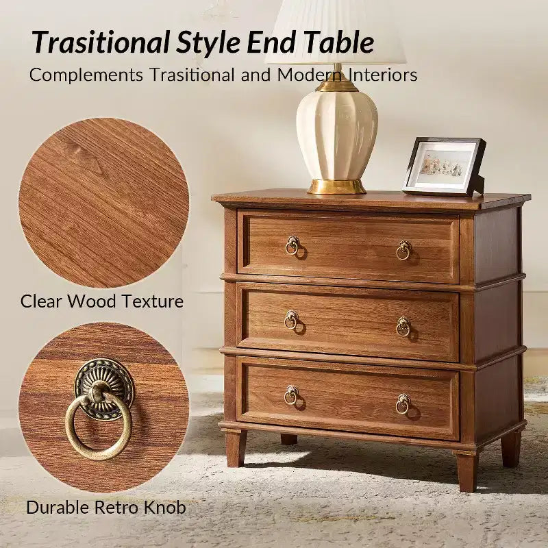 Table d'appoint en bois massif Helena 28W à 3 tiroirs avec station de charge intégrée|HULALA HOME
