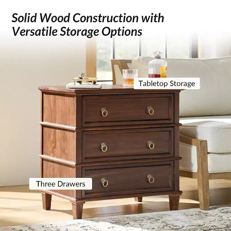 Table d'appoint en bois massif Helena 28W à 3 tiroirs avec station de charge intégrée|HULALA HOME