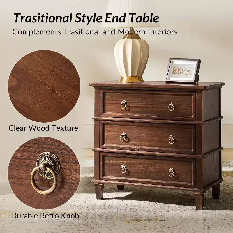 Table d'appoint en bois massif Helena 28W à 3 tiroirs avec station de charge intégrée|HULALA HOME