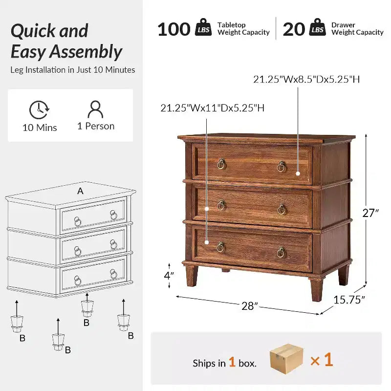 Table d'appoint en bois massif Helena 28W à 3 tiroirs avec station de charge intégrée|HULALA HOME