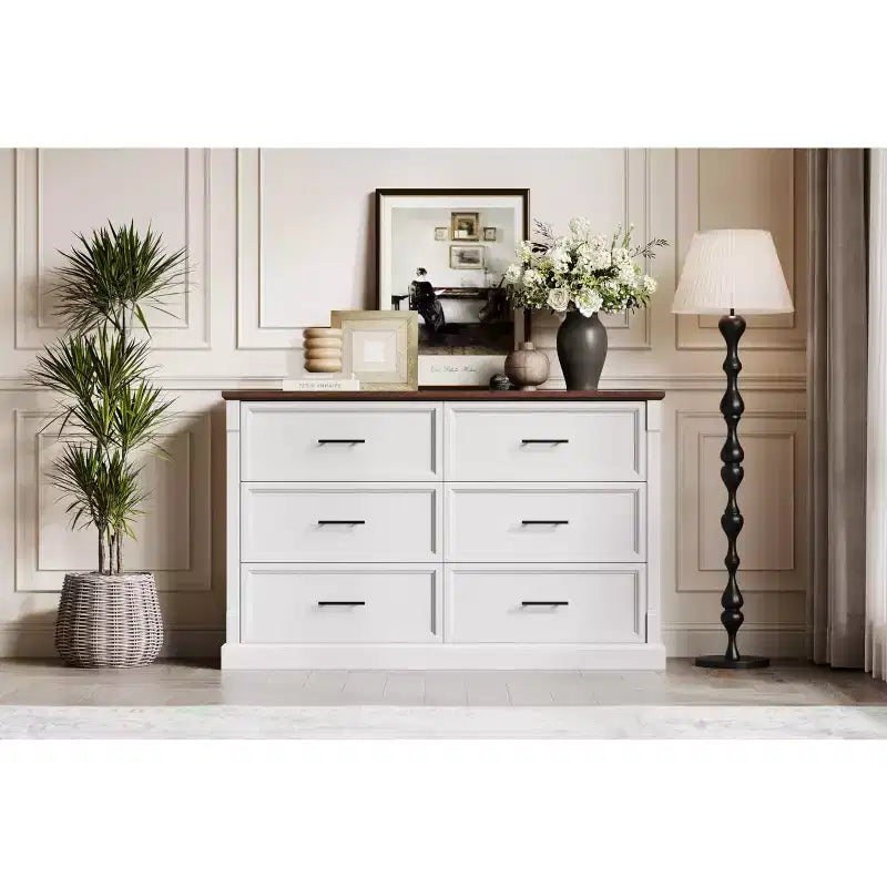 White 6 Drawer Dresser for Bedroom  Farmhouse Chest of Drawers w/Metal Handles, Rustic Wood Storage Organizer for Living Room & Hallway