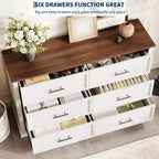 Commode blanche à 6 tiroirs pour chambre à coucher, commode de style rustique avec poignées métalliques, organisateur de rangement en bois rustique pour salon et couloir