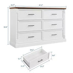 Commode blanche à 6 tiroirs pour chambre à coucher, commode de style rustique avec poignées métalliques, organisateur de rangement en bois rustique pour salon et couloir