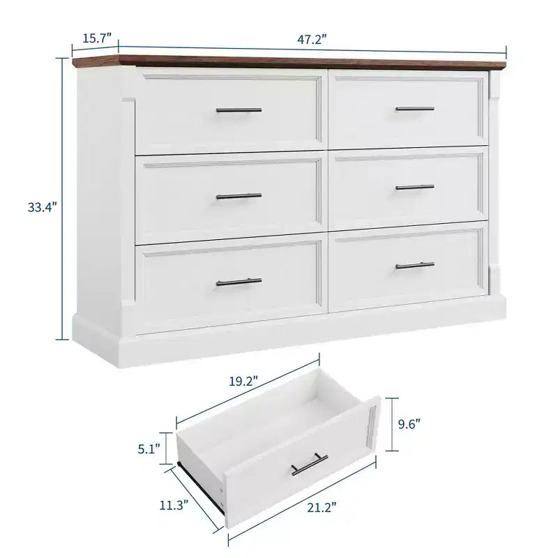 Commode blanche à 6 tiroirs pour chambre à coucher, commode de style rustique avec poignées métalliques, organisateur de rangement en bois rustique pour salon et couloir
