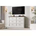 Commode blanche à 6 tiroirs pour chambre à coucher, commode de style rustique avec poignées métalliques, organisateur de rangement en bois rustique pour salon et couloir