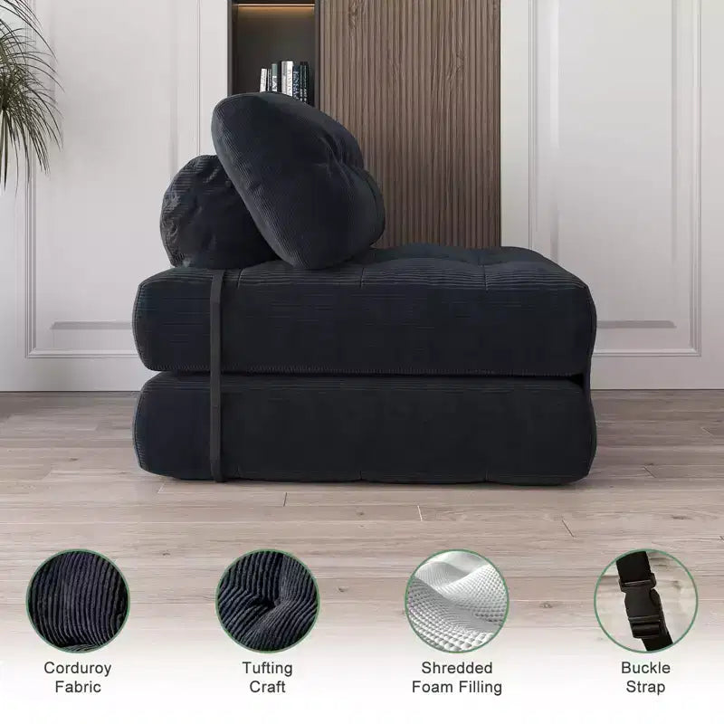 Canapé-lit pliant, convertible en velours côtelé avec oreiller et dossier, matelas futon portable pour salon, noir