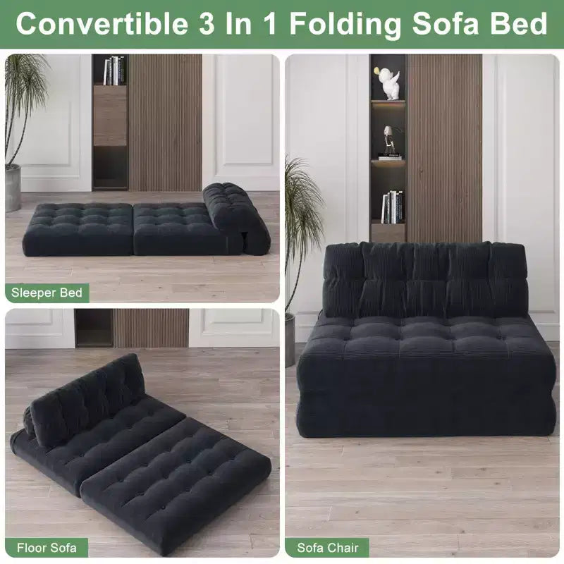 Canapé-lit pliant, convertible en velours côtelé avec oreiller et dossier, matelas futon portable pour salon, noir