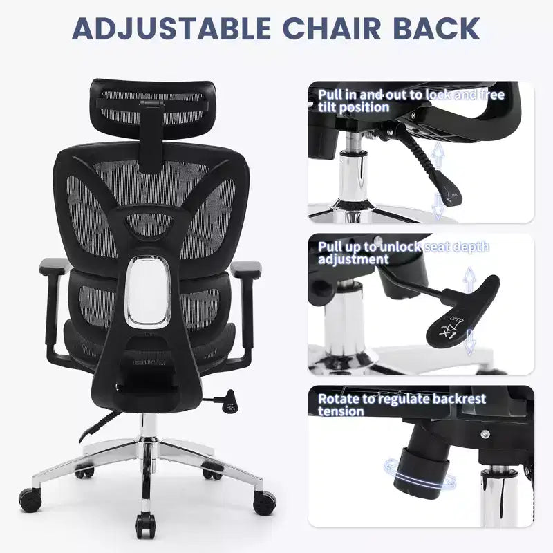 Fauteuil de bureau ergonomique à dossier haut en maille avec appui-tête 3D réglable, accoudoirs 4D relevables, inclinaison à 3 niveaux