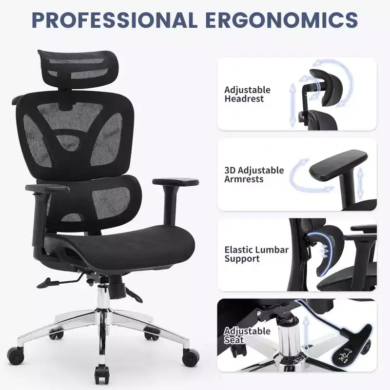 Fauteuil de bureau ergonomique à dossier haut en maille avec appui-tête 3D réglable, accoudoirs 4D relevables, inclinaison à 3 niveaux