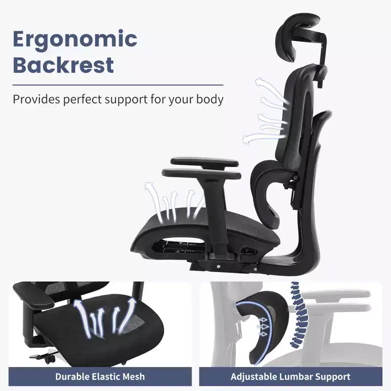 Fauteuil de bureau ergonomique à dossier haut en maille avec appui-tête 3D réglable, accoudoirs 4D relevables, inclinaison à 3 niveaux