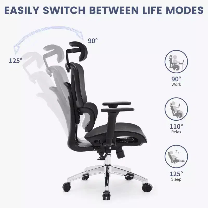 Fauteuil de bureau ergonomique à dossier haut en maille avec appui-tête 3D réglable, accoudoirs 4D relevables, inclinaison à 3 niveaux