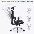 Fauteuil de bureau ergonomique à dossier haut en maille avec appui-tête 3D réglable, accoudoirs 4D relevables, inclinaison à 3 niveaux