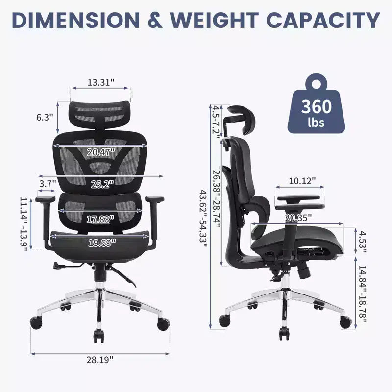 Fauteuil de bureau ergonomique à dossier haut en maille avec appui-tête 3D réglable, accoudoirs 4D relevables, inclinaison à 3 niveaux