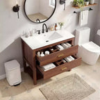 Meuble-lavabo de salle de bain de ferme de 76 cm avec lavabo, meuble de rangement en bois avec 2 tiroirs et étagère ouverte