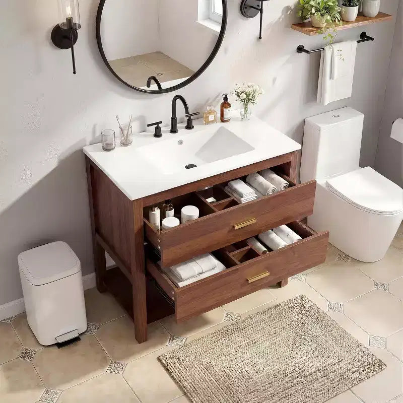 Meuble-lavabo de salle de bain de ferme de 76 cm avec lavabo, meuble de rangement en bois avec 2 tiroirs et étagère ouverte