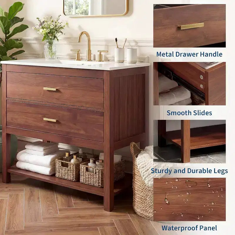 Meuble-lavabo de salle de bain de ferme de 76 cm avec lavabo, meuble de rangement en bois avec 2 tiroirs et étagère ouverte