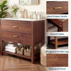 Meuble-lavabo de salle de bain de ferme de 76 cm avec lavabo, meuble de rangement en bois avec 2 tiroirs et étagère ouverte