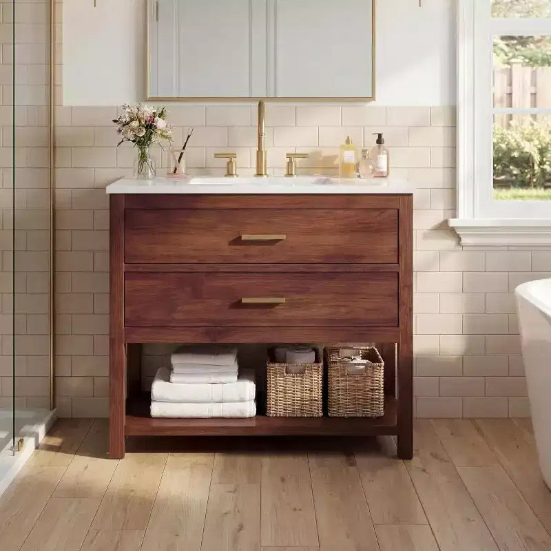 Meuble-lavabo de salle de bain de ferme de 76 cm avec lavabo, meuble de rangement en bois avec 2 tiroirs et étagère ouverte