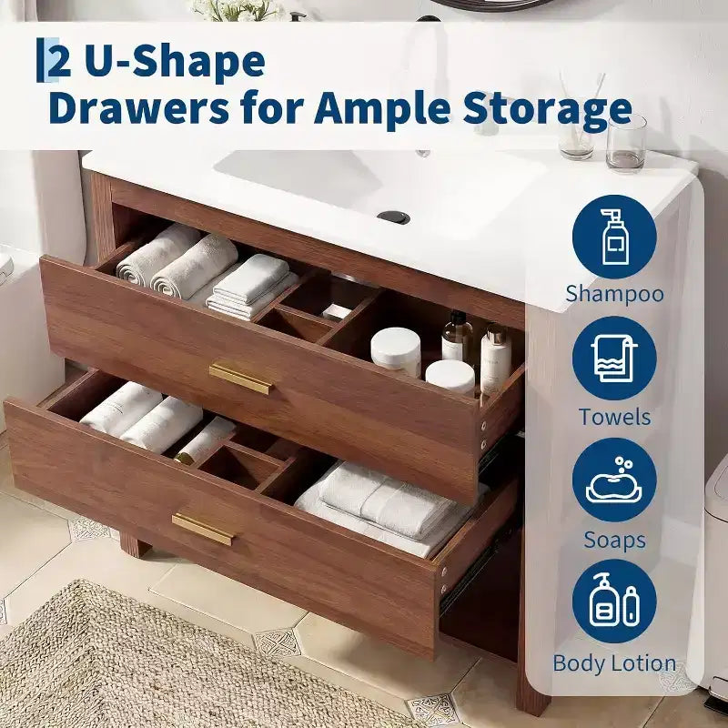 Meuble-lavabo de salle de bain de ferme de 76 cm avec lavabo, meuble de rangement en bois avec 2 tiroirs et étagère ouverte