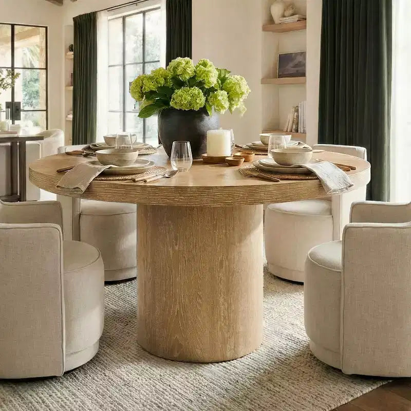 Table de salle à manger ronde moderne sur pied de 47 po avec finition grain de bois, Table de cuisine ronde pour 4 personnes pour salle à manger ou petits espaces-Panipeachy
