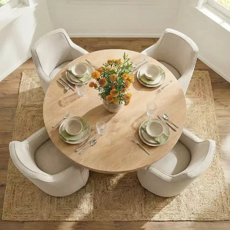 Table de salle à manger ronde moderne sur pied de 47 po avec finition grain de bois, Table de cuisine ronde pour 4 personnes pour salle à manger ou petits espaces-Panipeachy