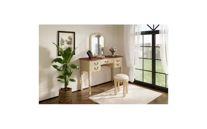 Coiffeuse Vintage de 117 cm avec Miroir, 5 Tiroirs, Tabouret Assorti pour Chambre, Finition Noyer, Design Compact