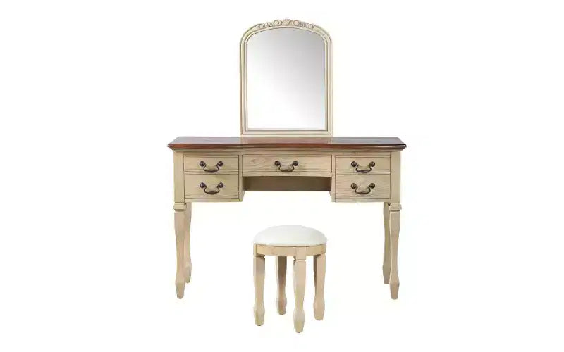 Coiffeuse Vintage de 117 cm avec Miroir, 5 Tiroirs, Tabouret Assorti pour Chambre, Finition Noyer, Design Compact