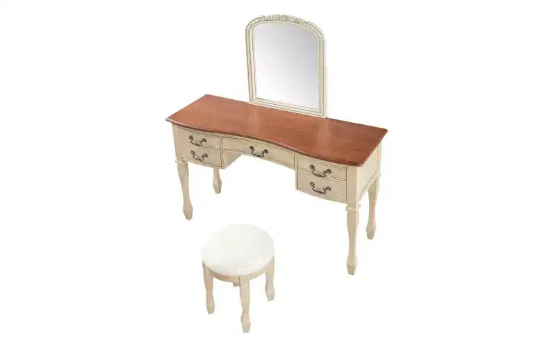 Coiffeuse Vintage de 117 cm avec Miroir, 5 Tiroirs, Tabouret Assorti pour Chambre, Finition Noyer, Design Compact