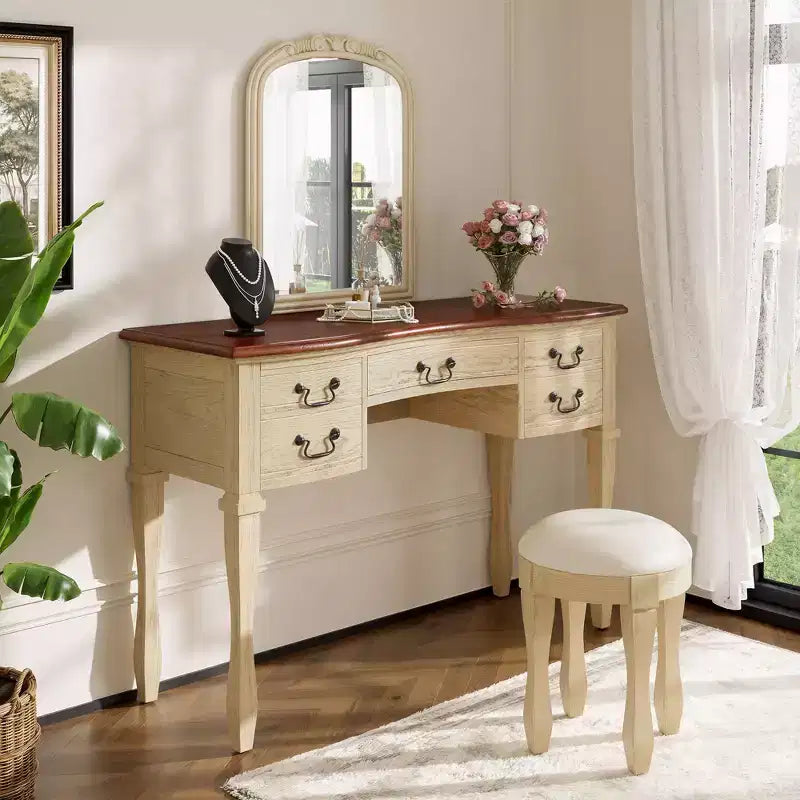 Coiffeuse Vintage de 117 cm avec Miroir, 5 Tiroirs, Tabouret Assorti pour Chambre, Finition Noyer, Design Compact