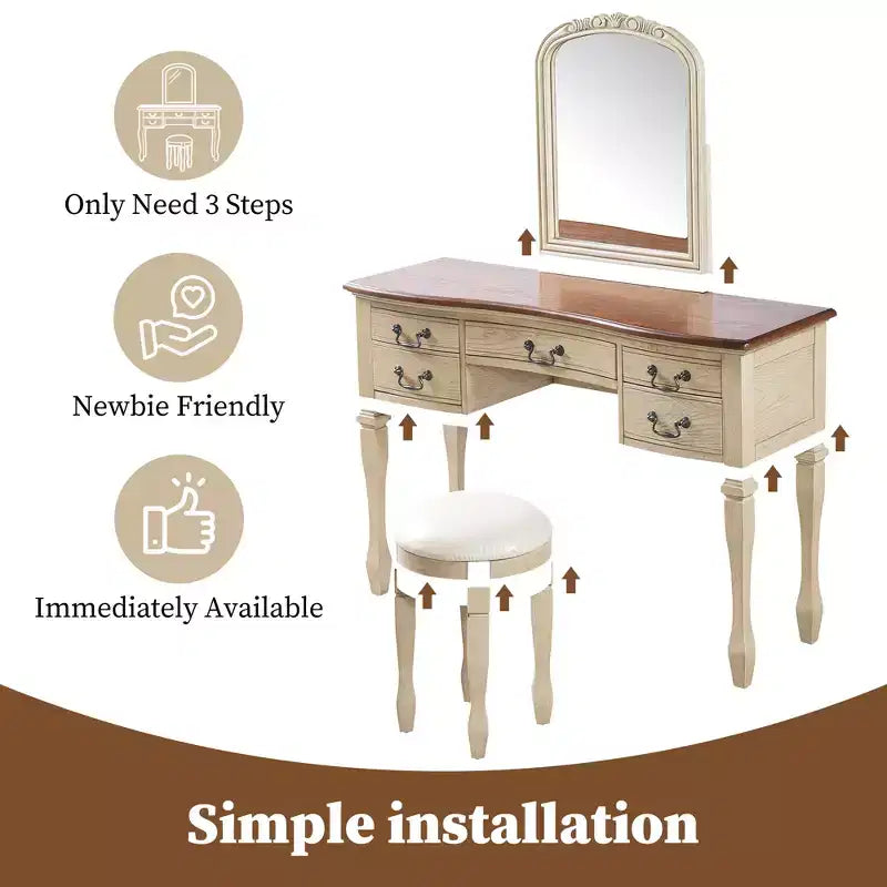 Coiffeuse Vintage de 117 cm avec Miroir, 5 Tiroirs, Tabouret Assorti pour Chambre, Finition Noyer, Design Compact