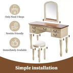 Coiffeuse Vintage de 117 cm avec Miroir, 5 Tiroirs, Tabouret Assorti pour Chambre, Finition Noyer, Design Compact
