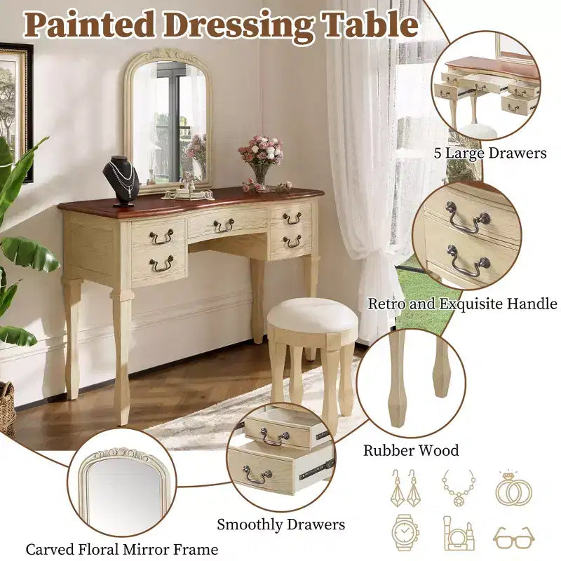 Coiffeuse Vintage de 117 cm avec Miroir, 5 Tiroirs, Tabouret Assorti pour Chambre, Finition Noyer, Design Compact