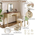 Coiffeuse Vintage de 117 cm avec Miroir, 5 Tiroirs, Tabouret Assorti pour Chambre, Finition Noyer, Design Compact