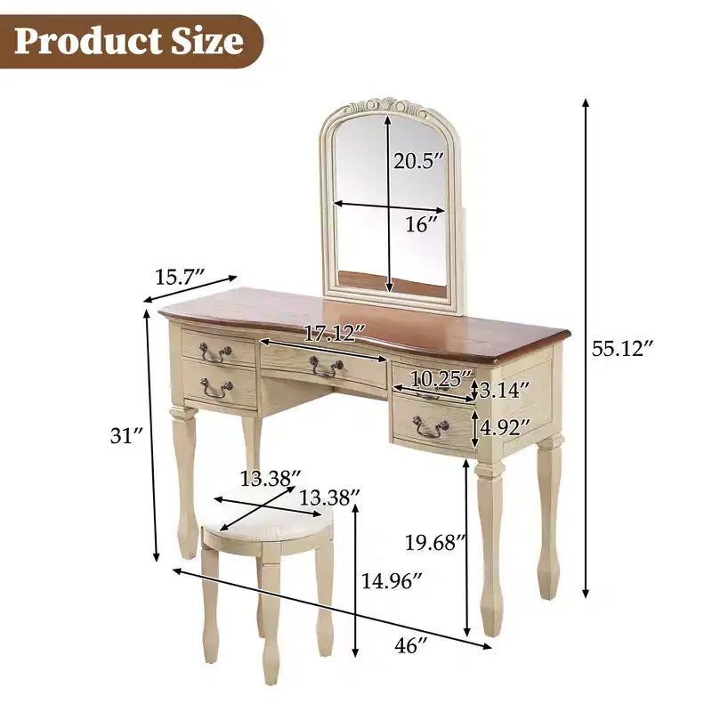 Coiffeuse Vintage de 117 cm avec Miroir, 5 Tiroirs, Tabouret Assorti pour Chambre, Finition Noyer, Design Compact