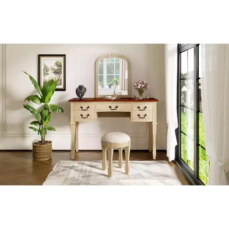 Coiffeuse Vintage de 117 cm avec Miroir, 5 Tiroirs, Tabouret Assorti pour Chambre, Finition Noyer, Design Compact
