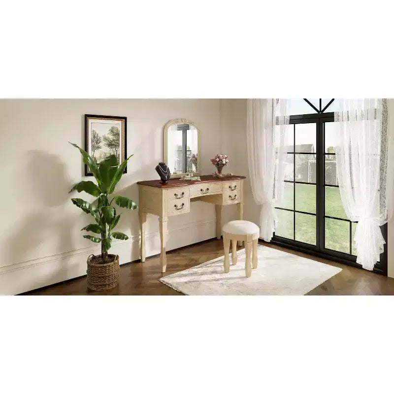 Coiffeuse Vintage de 117 cm avec Miroir, 5 Tiroirs, Tabouret Assorti pour Chambre, Finition Noyer, Design Compact