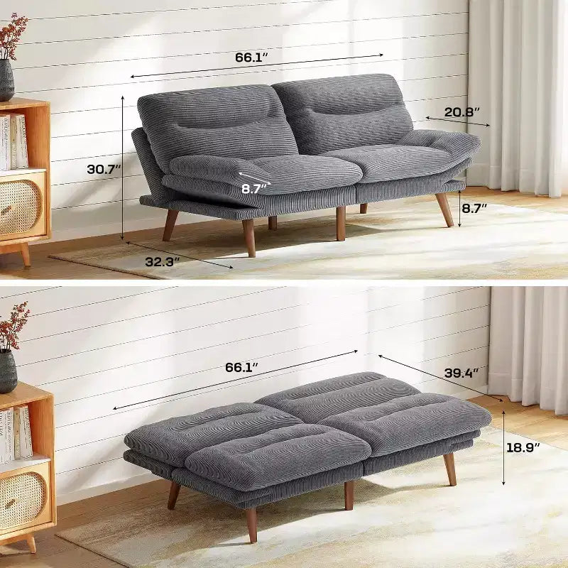 66.1 Canapé Futon avec accoudoirs et dossier réglables, Canapé-Lit Futon Épaissi, Petit Canapé-Lit pour Petits Appartements, Bureau, Étude