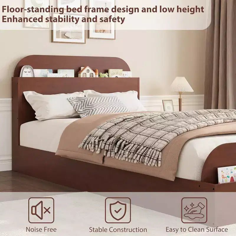 Cadre de lit Coolmee Twin XL, lits en bois avec tête de lit de rangement et pied de lit surélevé, lit plateforme bas Twin XL pour chambre à coucher