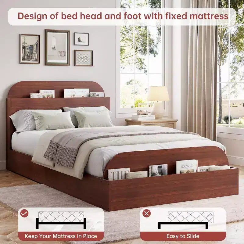 Cadre de lit Coolmee Twin XL, lits en bois avec tête de lit de rangement et pied de lit surélevé, lit plateforme bas Twin XL pour chambre à coucher