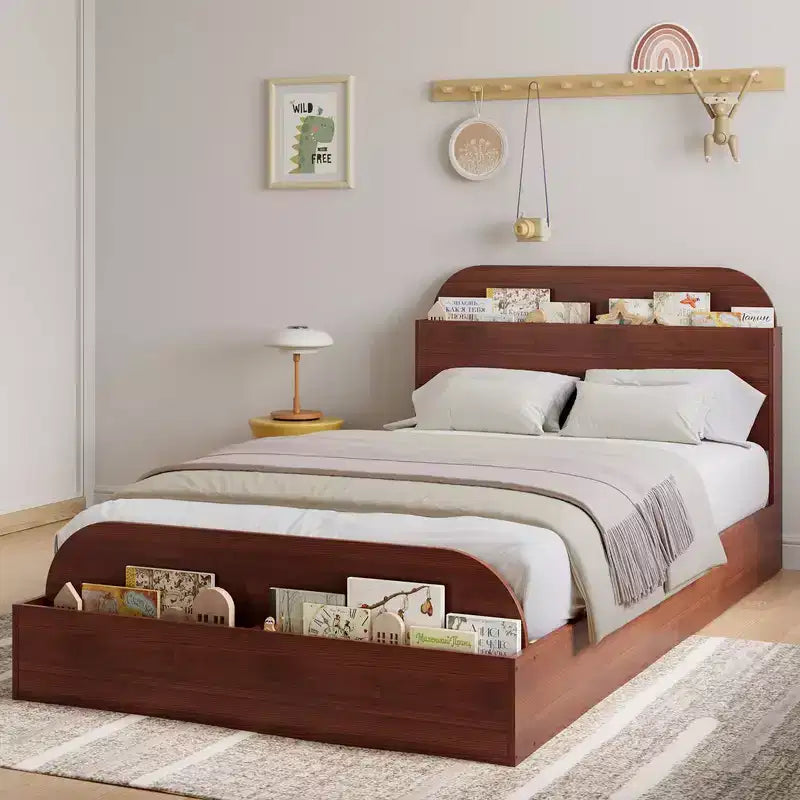 Cadre de lit Coolmee Twin XL, lits en bois avec tête de lit de rangement et pied de lit surélevé, lit plateforme bas Twin XL pour chambre à coucher