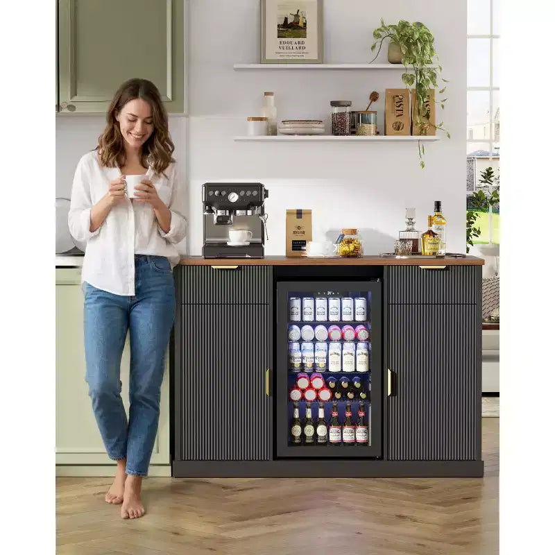 Meuble Bar à Café de 55" avec Espace Réfrigérateur, Buffet Moderne avec Prises Intégrées pour Salon, Salle à Manger ou Bar à la Maison, Noir