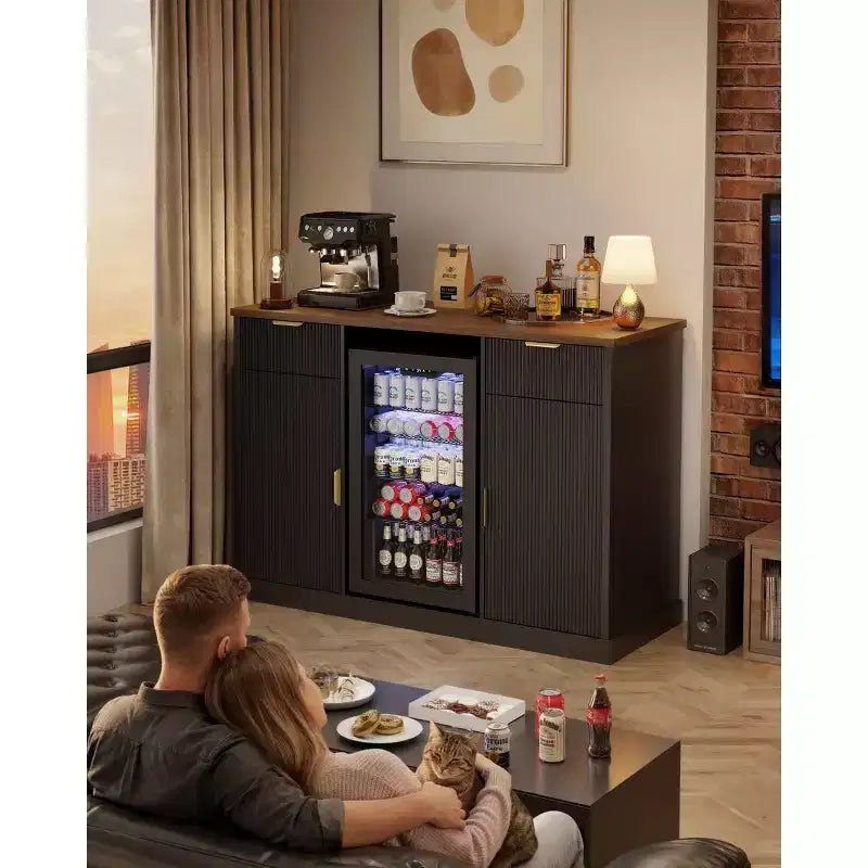 Meuble Bar à Café de 55" avec Espace Réfrigérateur, Buffet Moderne avec Prises Intégrées pour Salon, Salle à Manger ou Bar à la Maison, Noir