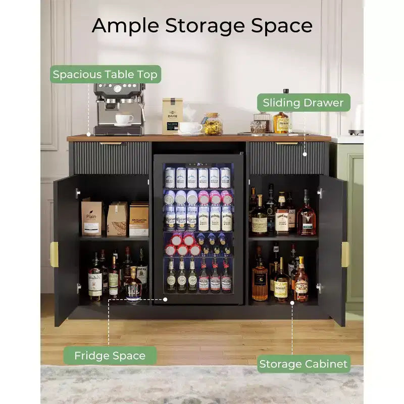 Meuble Bar à Café de 55" avec Espace Réfrigérateur, Buffet Moderne avec Prises Intégrées pour Salon, Salle à Manger ou Bar à la Maison, Noir