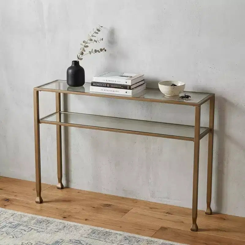 Console de table HomeRoots 43 avec étagères en verre transparent et doré