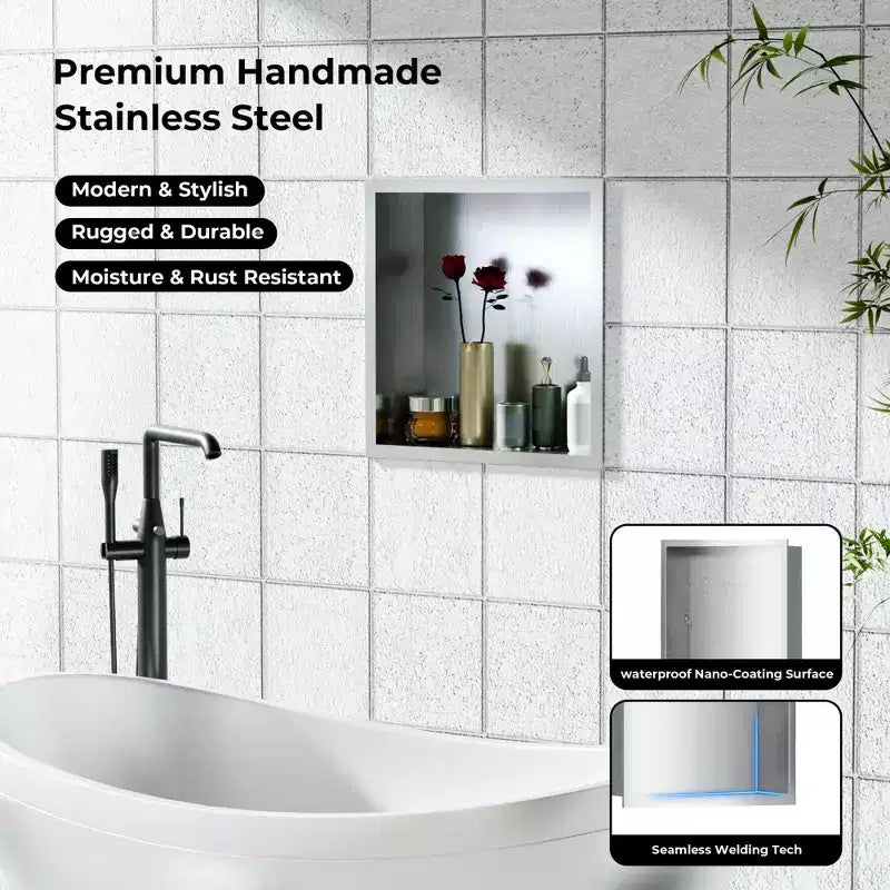 Niche de douche encastrable en acier inoxydable 304, sans carrelage, étanche, finition brossée, pour rangement de salle de bain, plusieurs tailles et compartiments