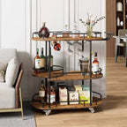 Chariot de bar roulant à 3 niveaux, desserte mobile avec casier à vin et porte-verres, conception rotative à 360°, roulettes silencieuses verrouillables, 86,9 cm L x 39,9 cm P x 94 cm H