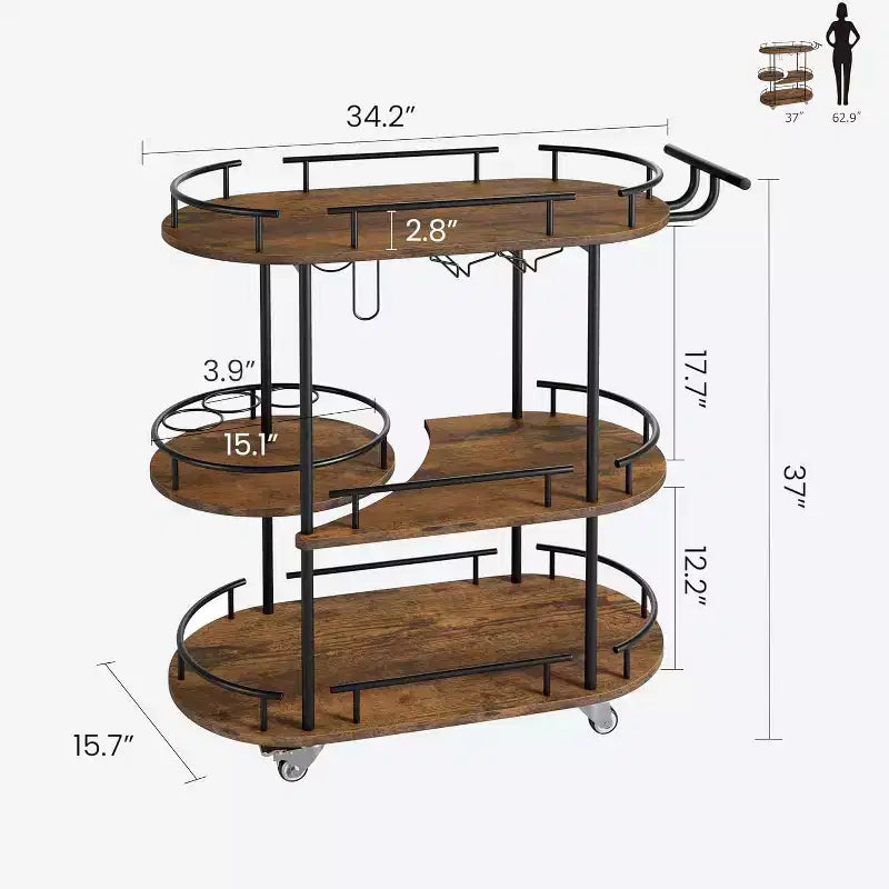 Chariot de bar roulant à 3 niveaux, desserte mobile avec casier à vin et porte-verres, conception rotative à 360°, roulettes silencieuses verrouillables, 86,9 cm L x 39,9 cm P x 94 cm H